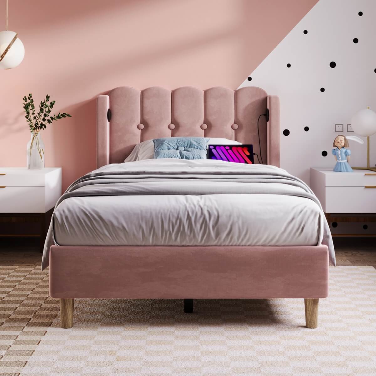3ft Single Velvet Upholstered Bed with USB Charging - Pink Bed Frame