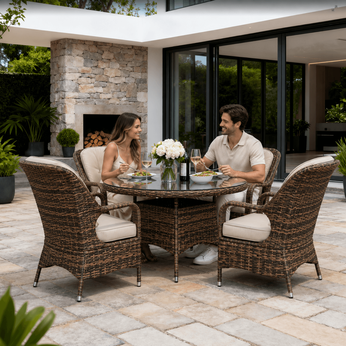 4 Seater Outdoor Rattan Dining Set - Round Garden Table with Tempered Glass Top & Parasol Hole