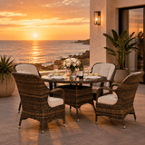 4 Seater Outdoor Rattan Dining Set - Round Garden Table with Tempered Glass Top & Parasol Hole