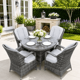 4 Seater Outdoor Rattan Dining Set - Round Garden Table with Tempered Glass Top & Parasol Hole