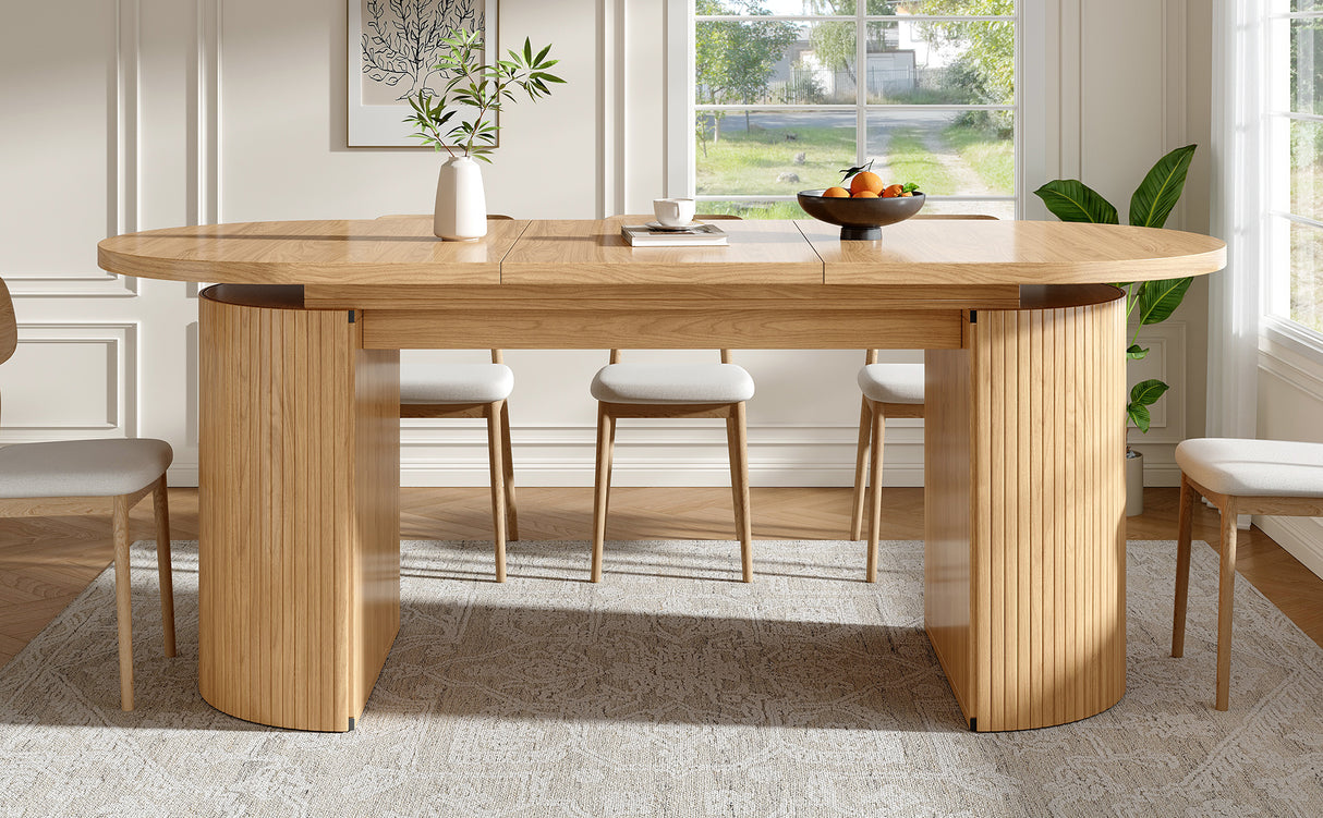 Extendable dining table with hidden storage compartment, thickened tabletop for high stability, flexibly adaptable for small spaces, kitchen, study and living room, natural brown