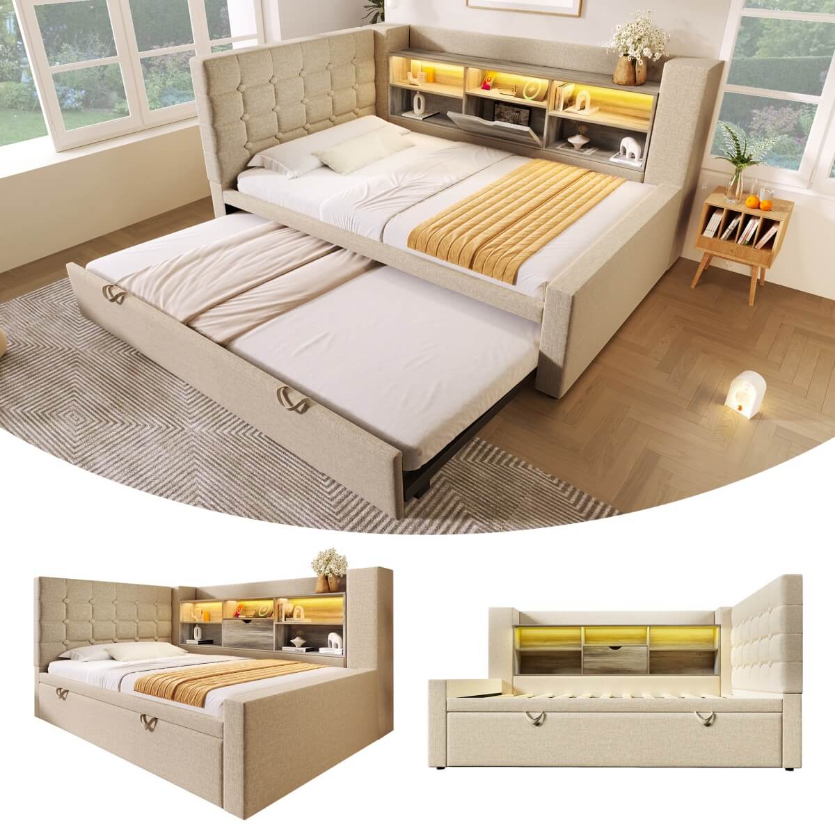 3ft Single Upholstered Sofa Bed with Storage - Linen Daybed with Pull-Out Trundle, USB and Type-C Charging Station, Beige