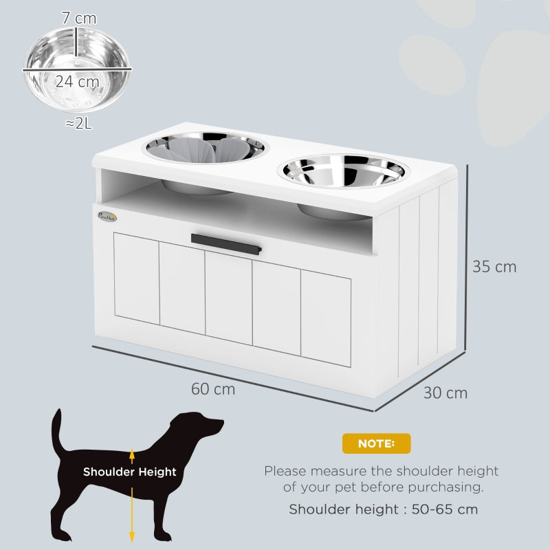 Raised Dog Bowl with Slow Feeder, Two Stainless Steel Bowls, Drawer, White