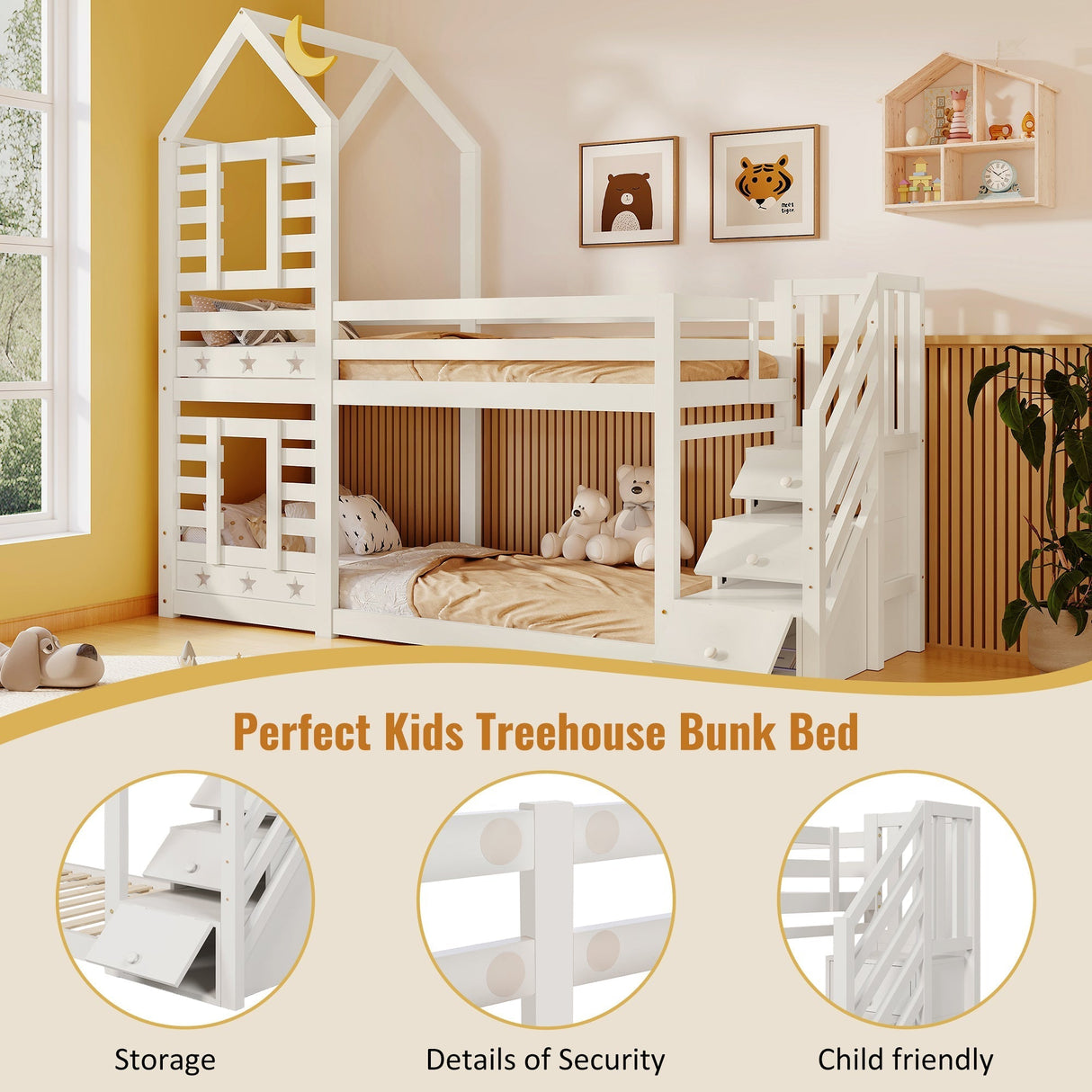 Bunk Bed, Children Cabin Single Bed with Window, 190x90cm Solid Pine Wood, White
