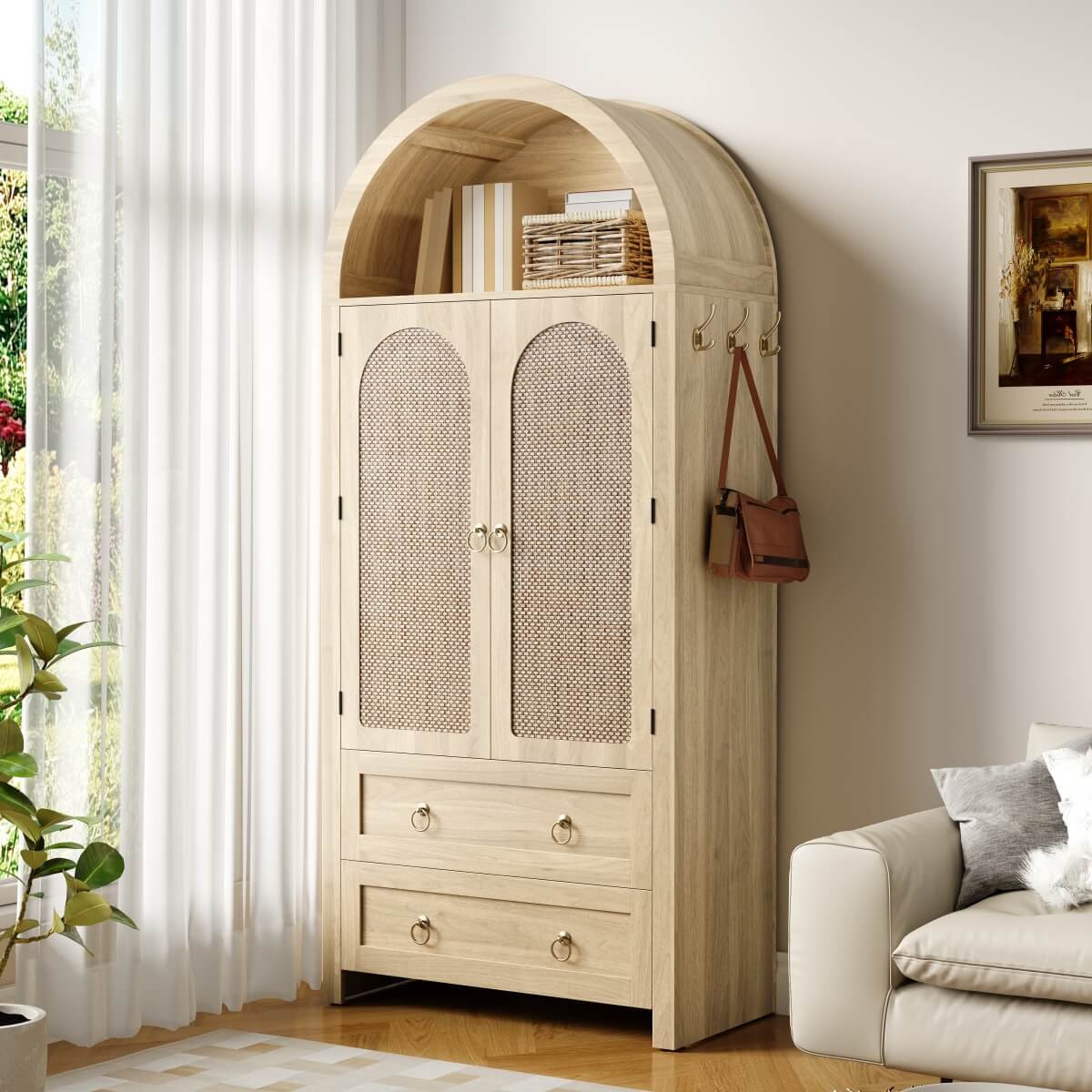 Rattan Effect Sideboard with 2 Drawers - Vintage Storage Cabinet with Arched Design for Living Room and Bedroom, Oak