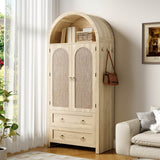 Rattan Effect Sideboard with 2 Drawers - Vintage Storage Cabinet with Arched Design for Living Room and Bedroom, Oak