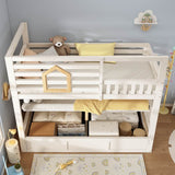 Kids Cabin House Bunk Bed with Storage - Wooden Twin Sleeper Bed with Ladder, White