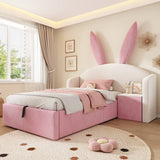 3ft Bunny Ears Kids Storage Bed with Hydraulic Lift & Bedside Shelf - Upholstered Single Bed, Beige & Pink