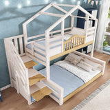 Kids Bunk Bed with Stairs - Storage Drawers, House Design, Solid Wood, White and Natural