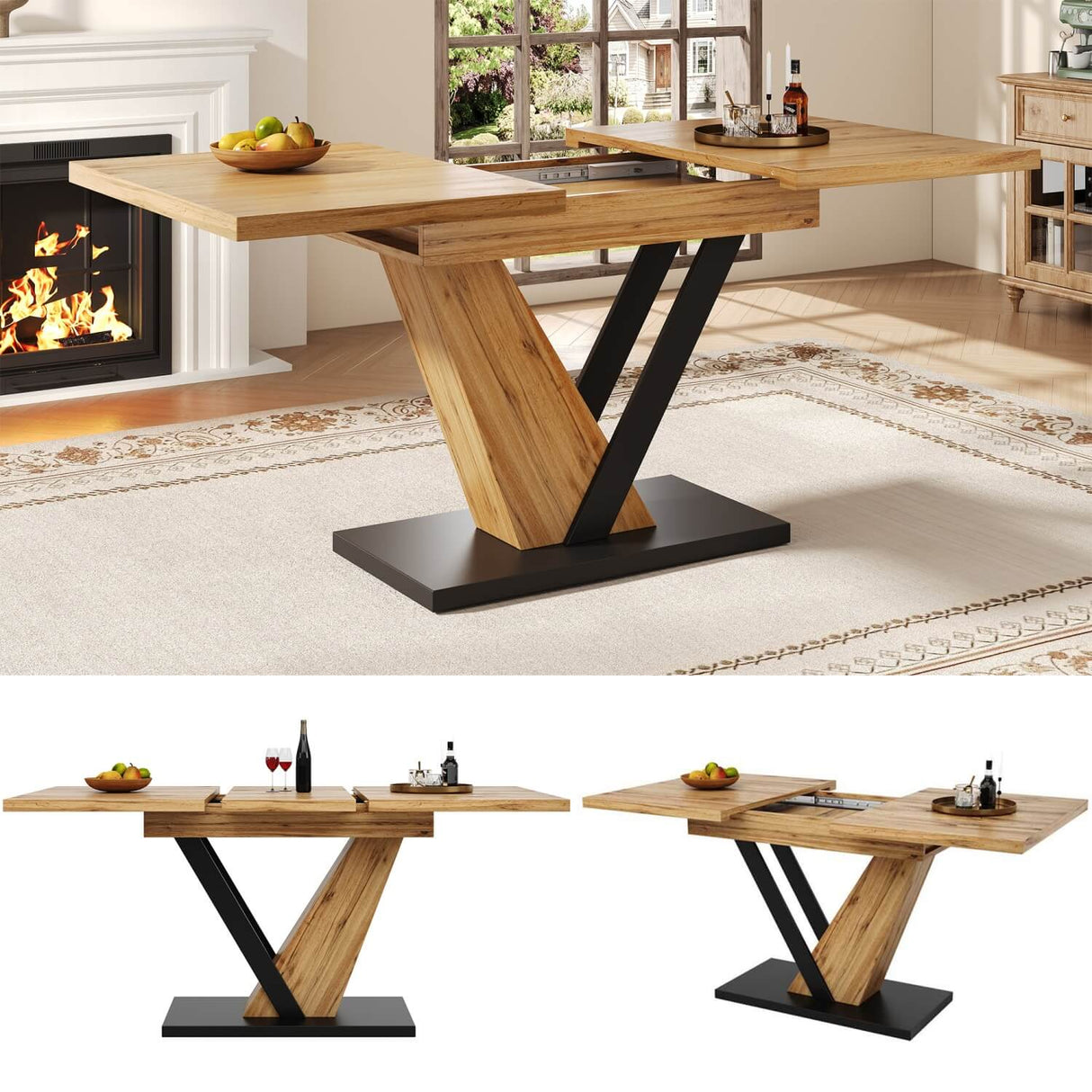 Extendable Dining Table – 120–160 cm Wood Grain Table for Kitchen & Living Roo