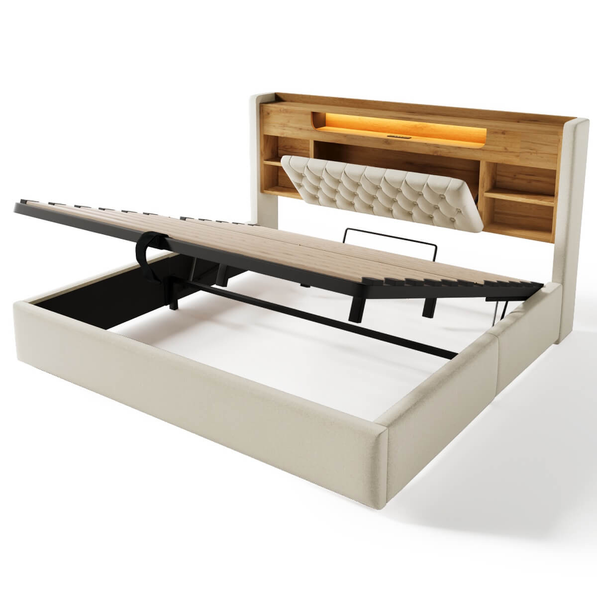6ft Super King Upholstered Storage Bed with Hydraulic Lift - LED Lighting & Charging Station, Linen, Beige