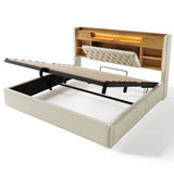 6ft Super King Upholstered Storage Bed with Hydraulic Lift - LED Lighting & Charging Station, Linen, Beige