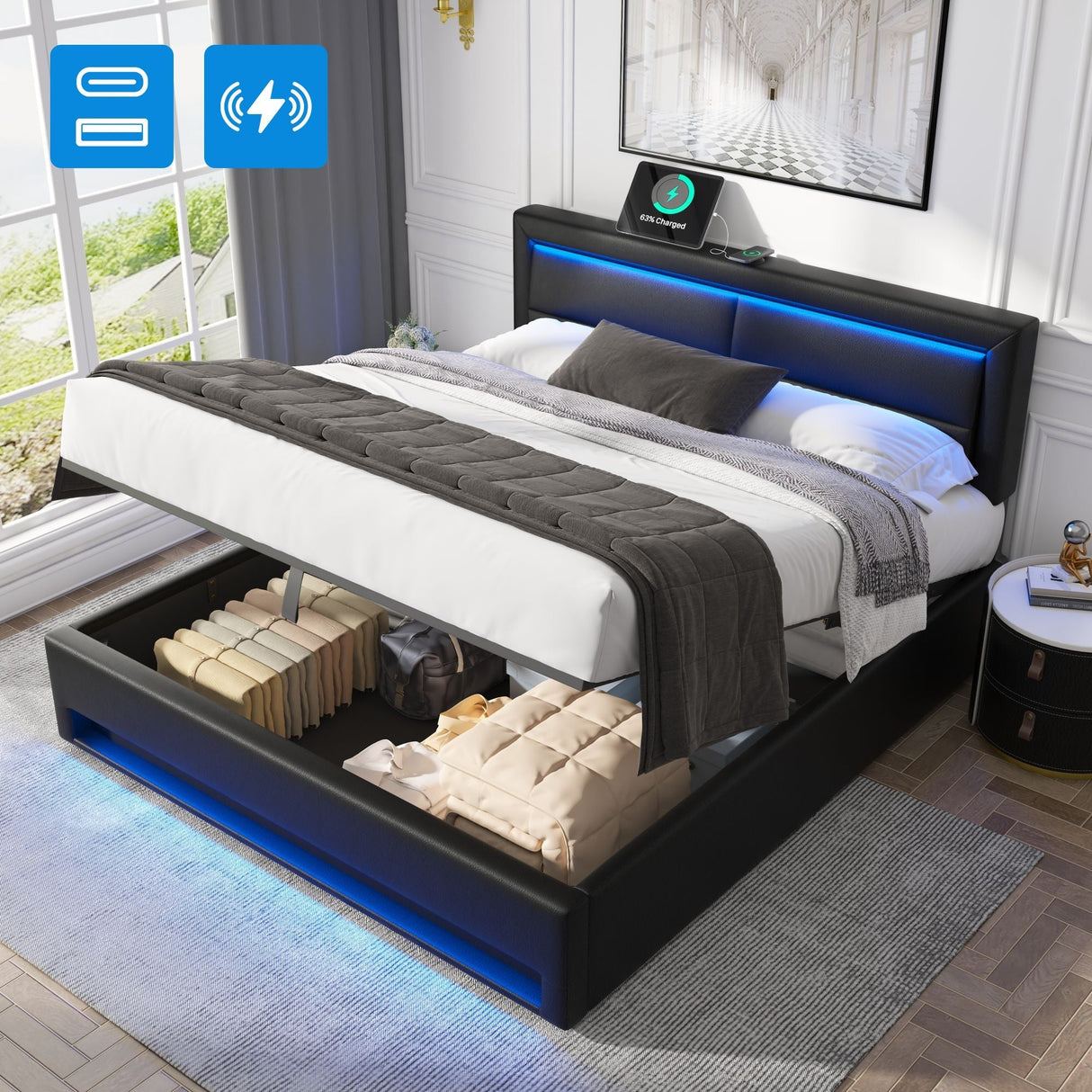Upholstered bed 180 x 200 cm, Super King Size Bed-6ft,with USB port (supports wireless and wired charging), with LED lighting and storage space, without mattress, PU lychee pattern, black