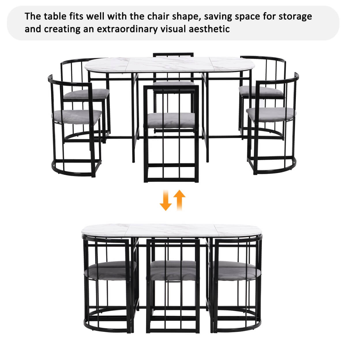 6 Seater Dining Table Set – White Table with Grey Cushioned Chairs, Black Metal Frame, Modern Dining Room Set