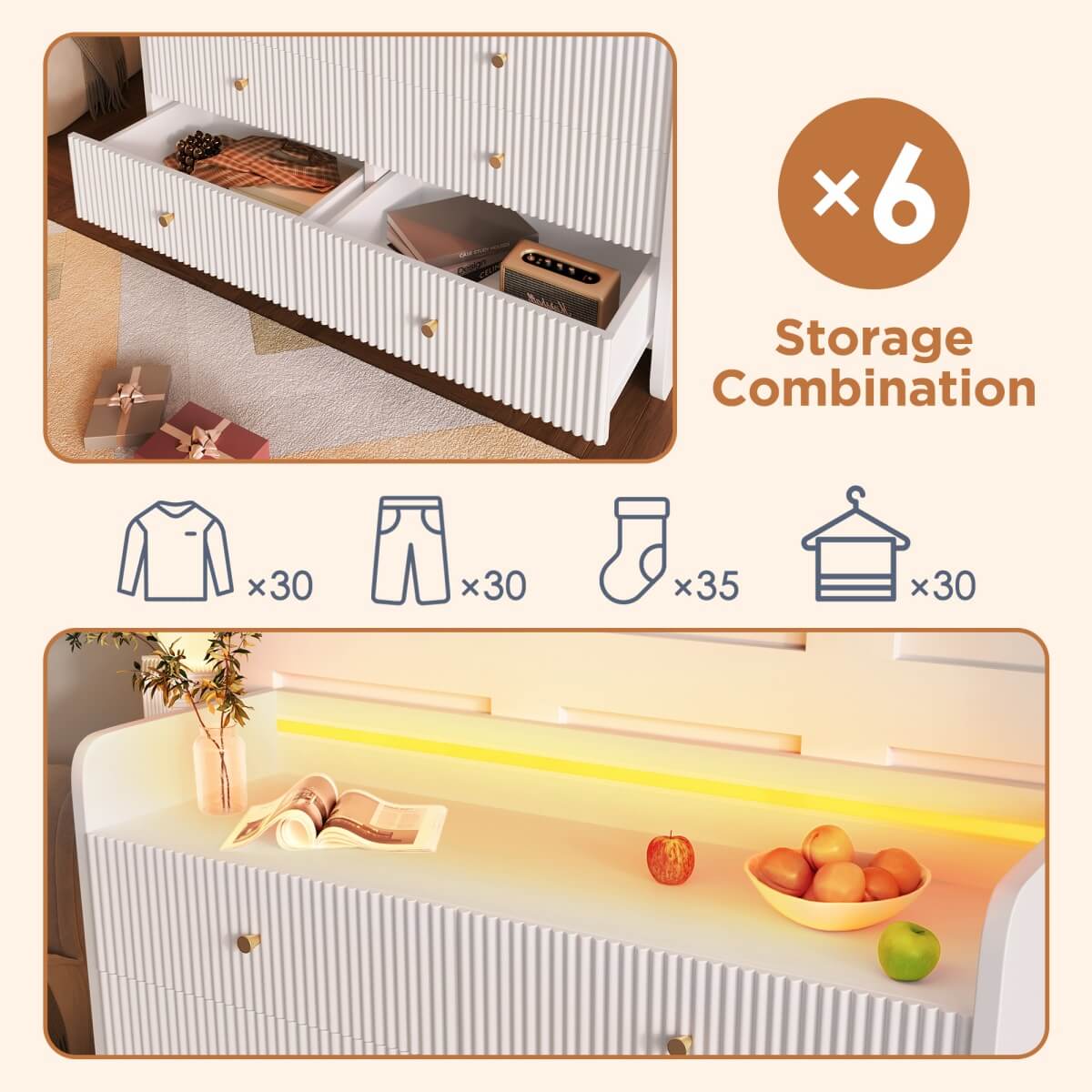 6-Drawer Fluted Sideboard with LED Lighting – Modern Storage Cabinet for Living Room, Bedroom or Dining Room