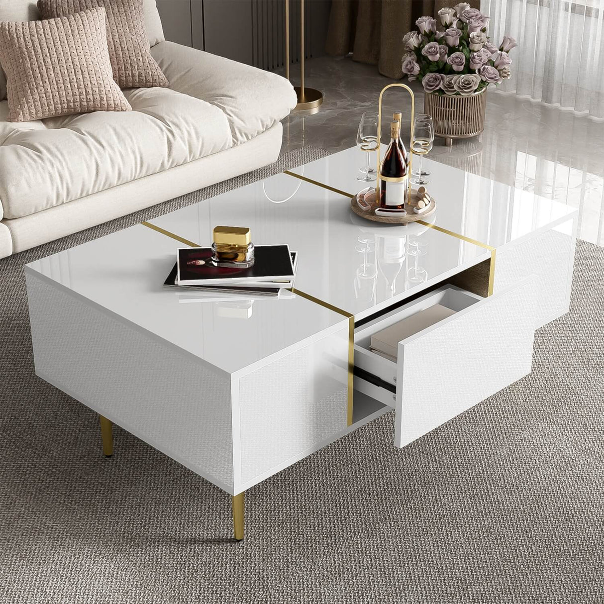 White High-Gloss Coffee Table – Modern Centre Table with 2 Drawers