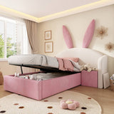 3ft Bunny Ears Kids Storage Bed with Hydraulic Lift & Bedside Shelf - Upholstered Single Bed, Beige & Pink