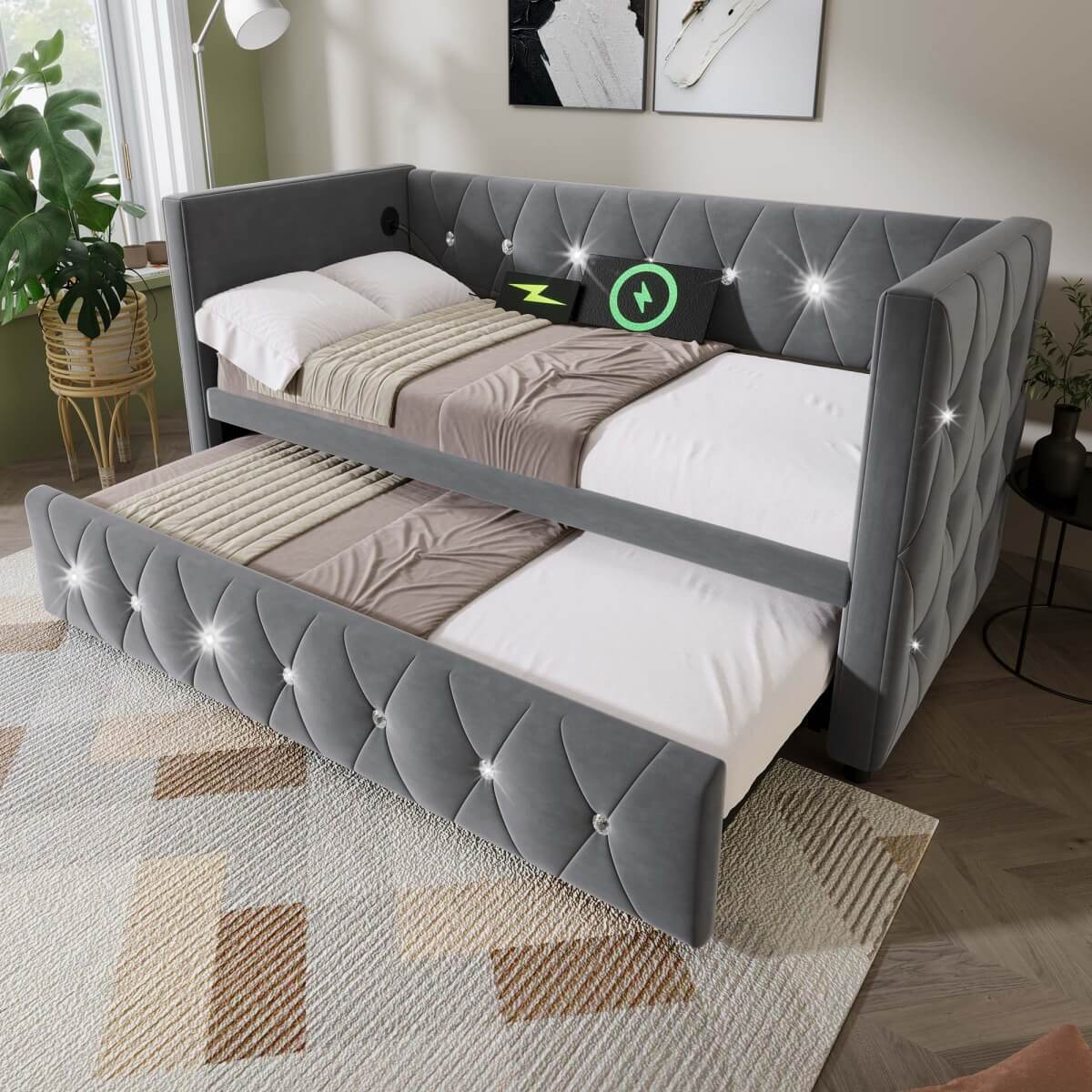 3ft Single Velvet Daybed with Trundle - Sofa Bed with USB & Type C Charging, Grey