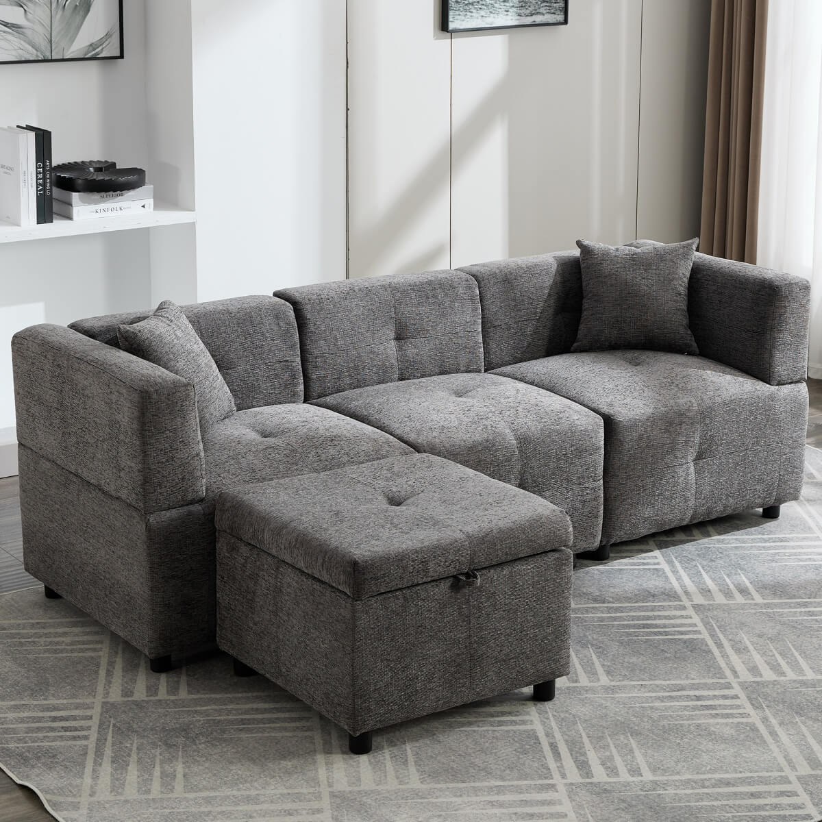 L-Shaped Corner Sofa - 80" Fabric Sectional Sofa with Removable Storage Ottoman & 2 Cushions, Grey