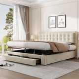 Upholstered Bed, King Size 150x200cm with Large Storage, Slats and Headboard, Velvet Fabric, Cream