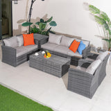 7 Seater Outdoor Garden Lounge Set - Rattan Sofa with Coffee Table and Side Table Featuring Built-In Storage
