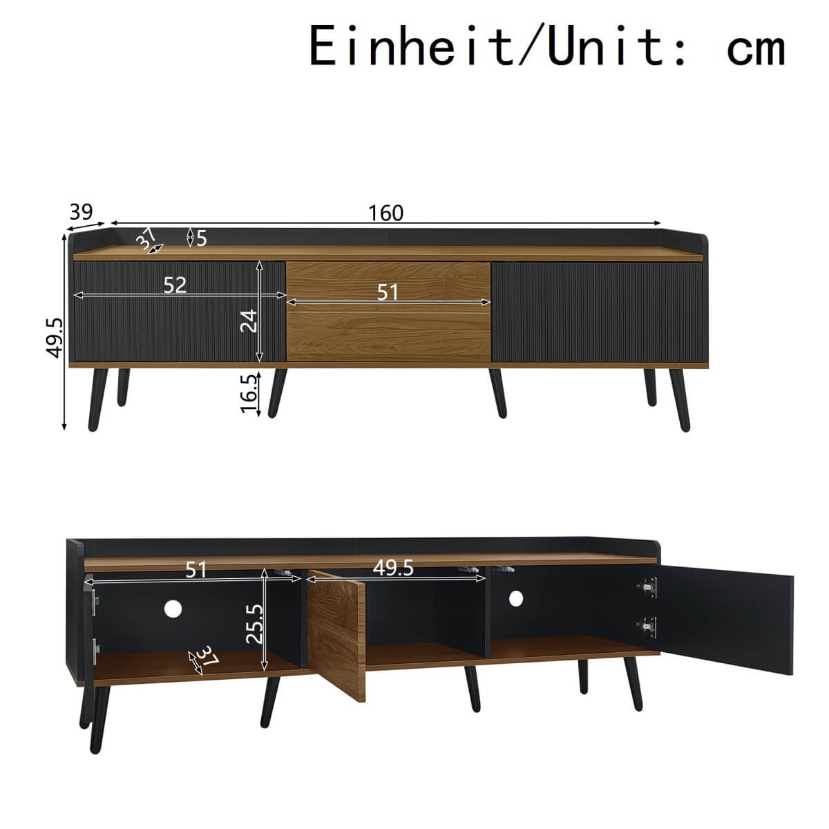 3-Door TV Cabinet – Black & Natural Wood Finish, Compact TV Stand for Living Room