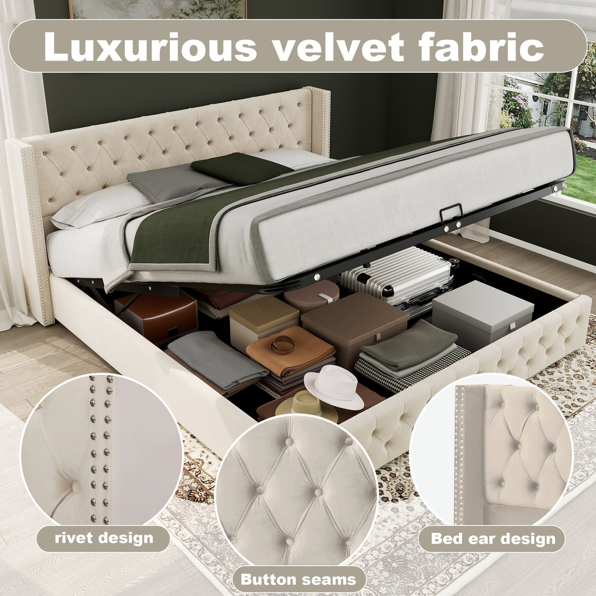 Upholstered Bed, 135x190cm, Hydraulic Lift with Storage, Velvet Beige