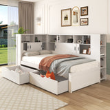 Platform Bed with Trundle, Bookcase & USB, Single 3ft, Storage Drawers and Shelves, White
