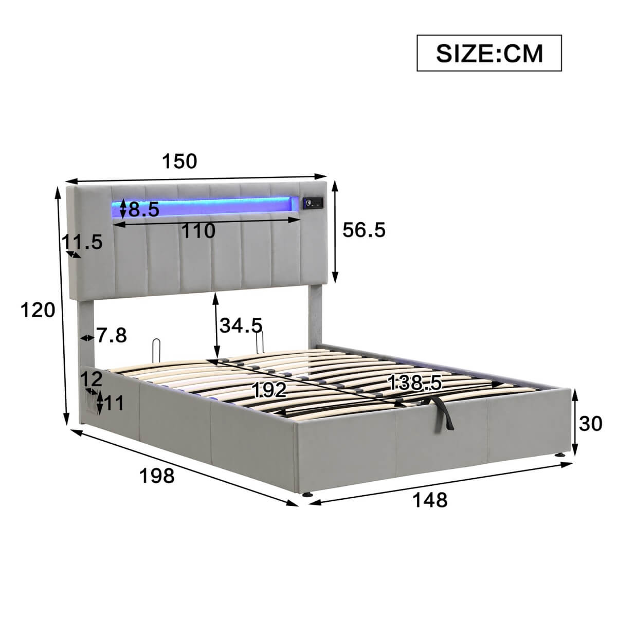 4ft6 Double Velvet Hydraulic Storage Bed - LED Bed with Bluetooth Speaker, USB & Side Pockets, Grey