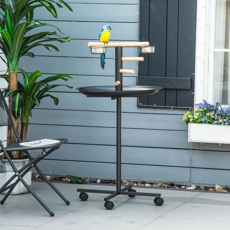 Metal Bird Table Play Stand, Bird Feeder Station, Four Wheels, Feeding Bowls, Round Tray