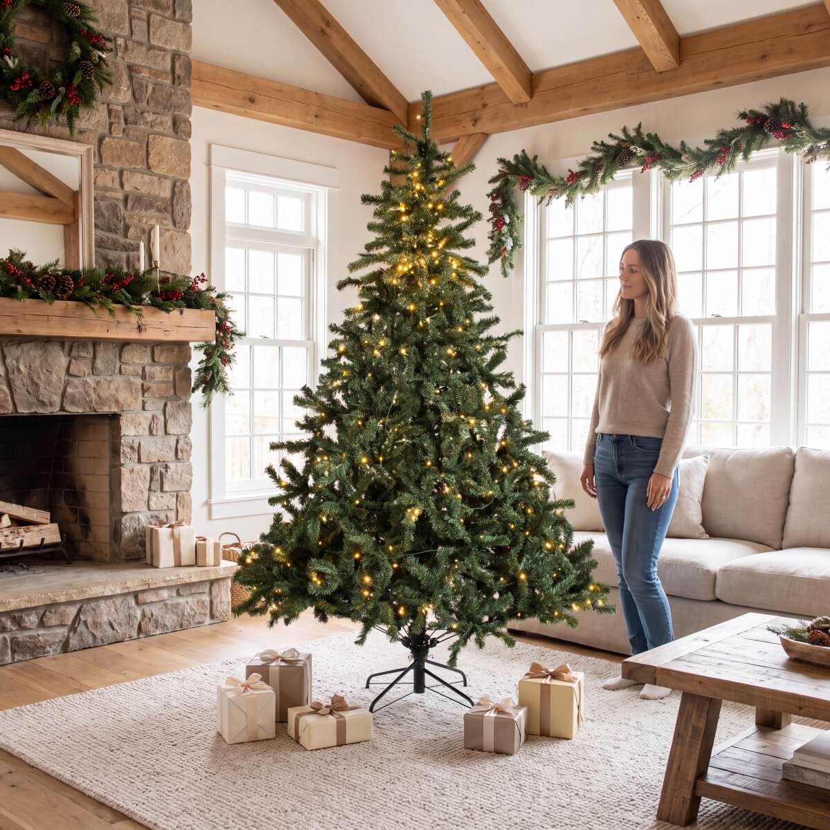 Realistic Full Green Artificial Christmas Tree - PVC Xmas Tree with Pre-Lit Warm White LED Lights, Easy Setup & Indoor Festive Decoration, 6ft/7ft/8ft