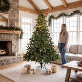 Realistic Full Green Artificial Christmas Tree - PVC Xmas Tree with Pre-Lit Warm White LED Lights, Easy Setup & Indoor Festive Decoration, 6ft/7ft/8ft