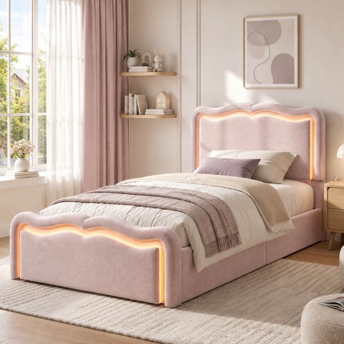 3ft Single Velvet Ottoman Storage Bed - Upholstered Hydraulic Bed with LED Lights, Wave Headboard and Metal Slatted Base, Pink