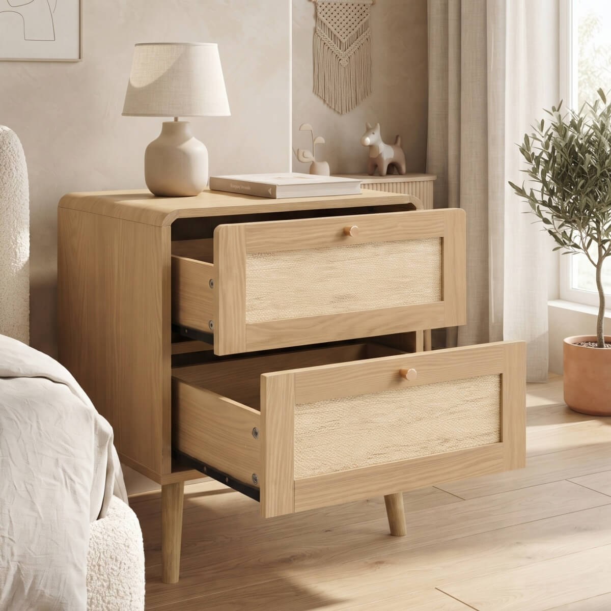 Set of 2 Rattan Effect Bedside Tables with 2 Drawers - Rounded Corners and Raised Legs, Natural Oak