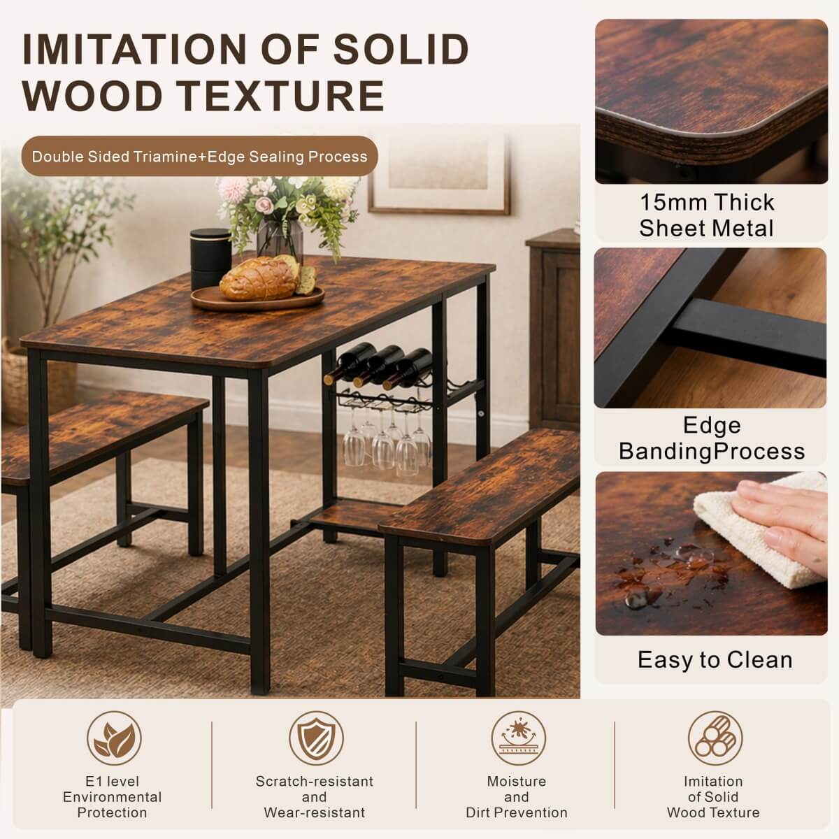 3 Piece Dining Table and Bench Set - Space Saving Kitchen Table Set, Brown