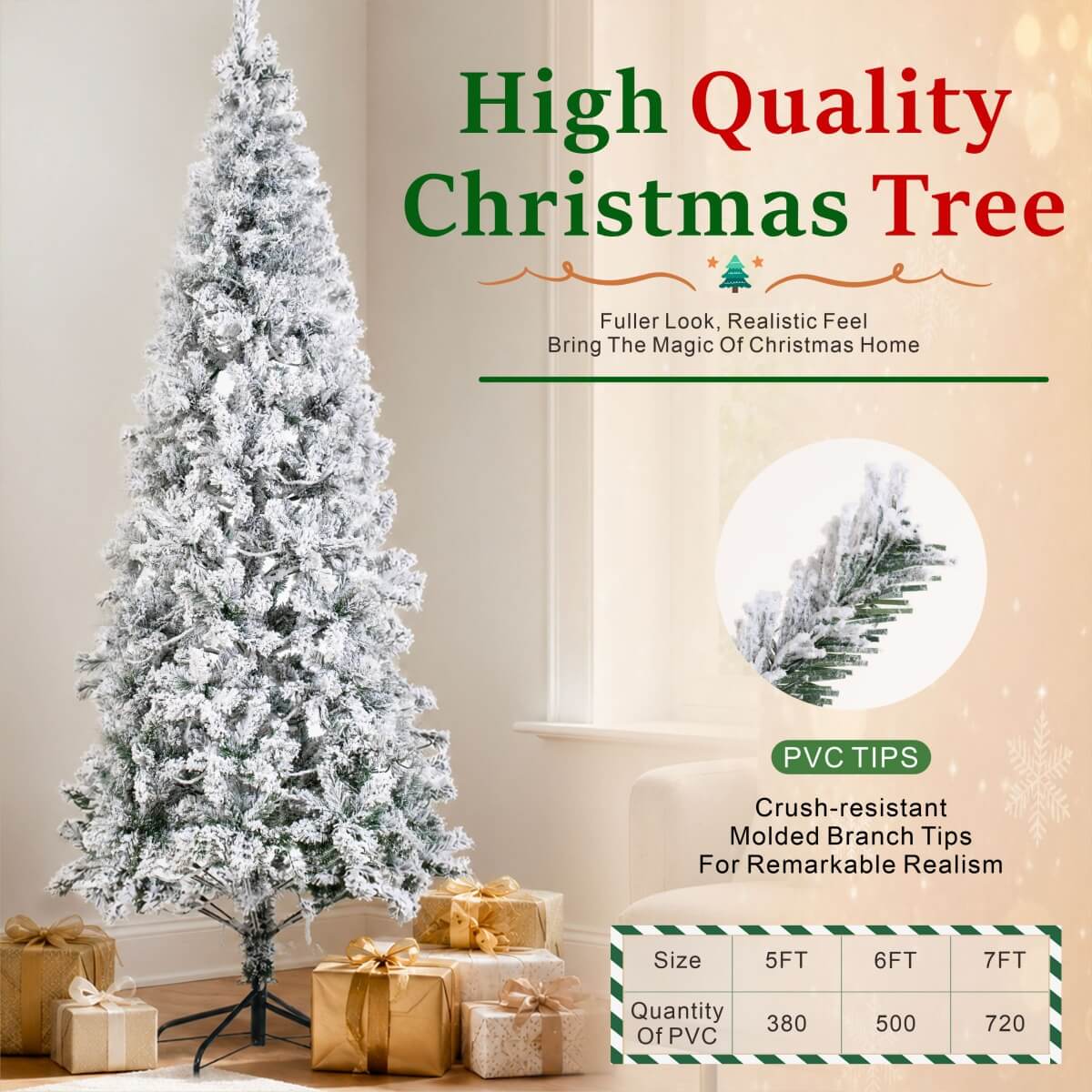 Snow-Flocked Green Artificial Christmas Tree - Realistic Full PVC Xmas Tree with Faux Snow Effect for Indoor Christmas Decoration, 5ft/6ft/7ft