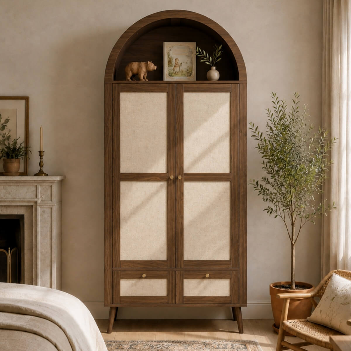 180cm Rattan Effect 2 Door Wardrobe with Arched Top - Walnut and Beige Storage Wardrobe with Hanging Rail, Display Shelf and 2 Drawers