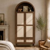 180cm Rattan Effect 2 Door Wardrobe with Arched Top - Walnut and Beige Storage Wardrobe with Hanging Rail, Display Shelf and 2 Drawers