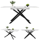 Extendable Dining Table 120–160 cm – Space-Saving Telescopic Table with Crossed Metal Legs, Marble Effect Top