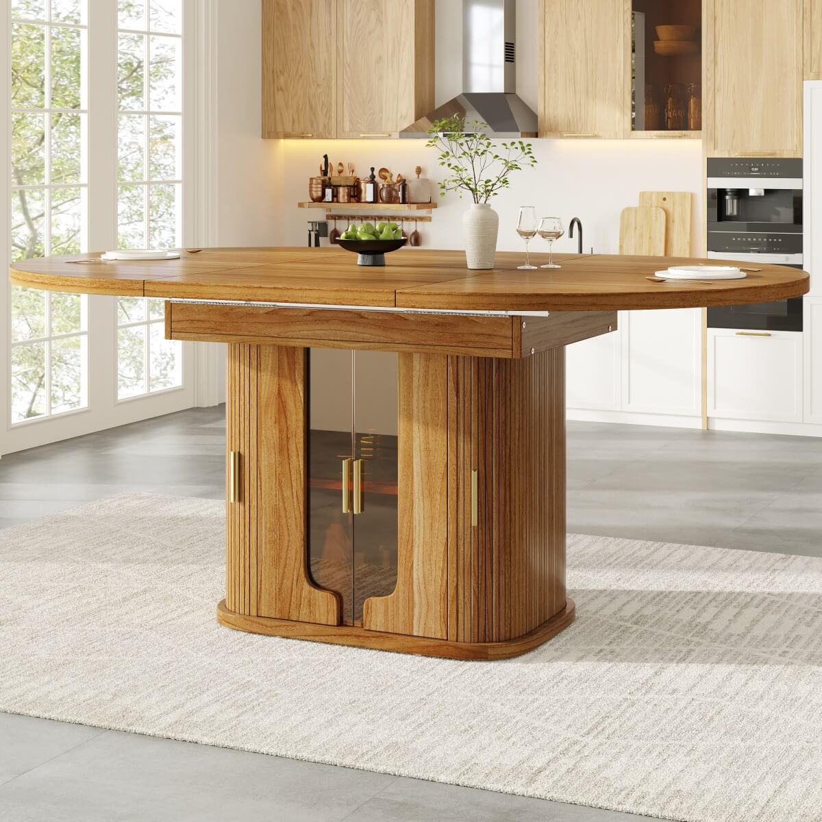 Extendable Round Dining Table 118–158cm - Kitchen Table Converts to Oval, Seats 6, Glass Door Storage, Walnut
