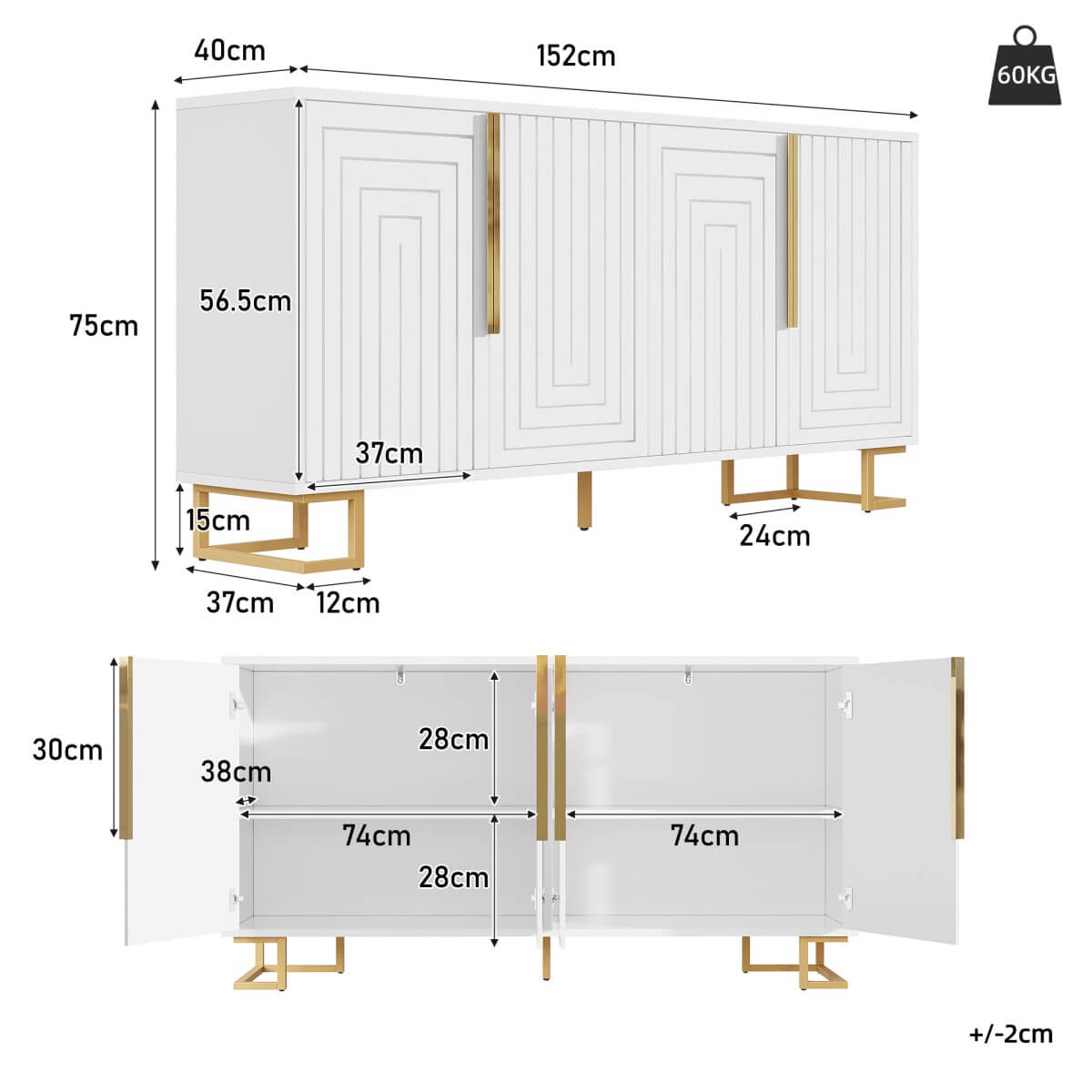 White Sideboard with Geometric Design - Modern Storage Cabinet with Gold Handles and Gold Legs