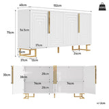 White Sideboard with Geometric Design - Modern Storage Cabinet with Gold Handles and Gold Legs