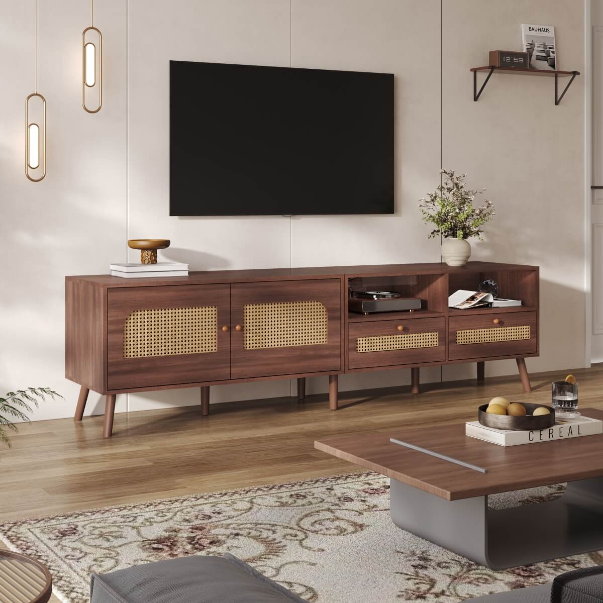 Rattan TV Stand with Storage - 2 Door TV Cabinet with Drawers, Dark Wood, Fits up to 90 Inch TV