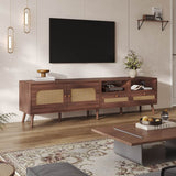 Rattan TV Stand with Storage - 2 Door TV Cabinet with Drawers, Dark Wood, Fits up to 90 Inch TV