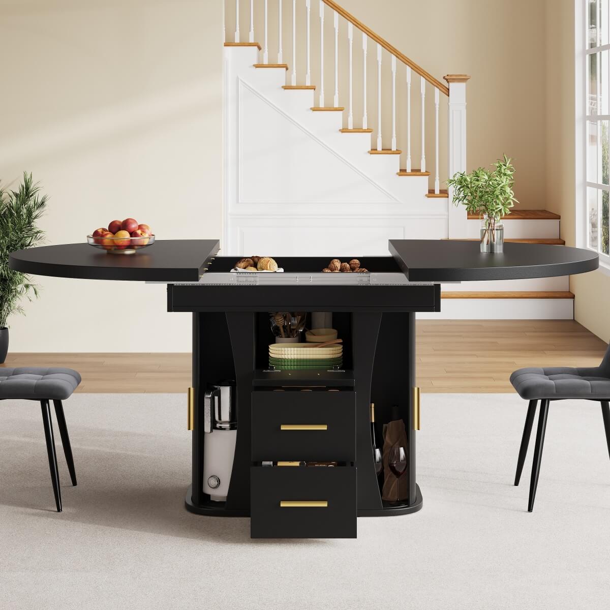 Extendable Round Dining Table 118–158cm - Kitchen Table Converts to Oval, Seats 6, 3-Tier Storage, Black