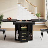 Extendable Round Dining Table 118–158cm - Kitchen Table Converts to Oval, Seats 6, 3-Tier Storage, Black