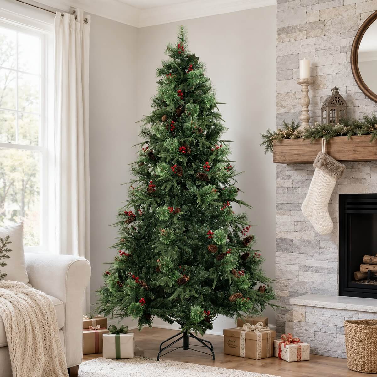 Realistic Full Green Artificial Christmas Tree with Pine Cones & Red Berries - Easy-Setup PVC Xmas Tree, 5ft/6ft/7ft