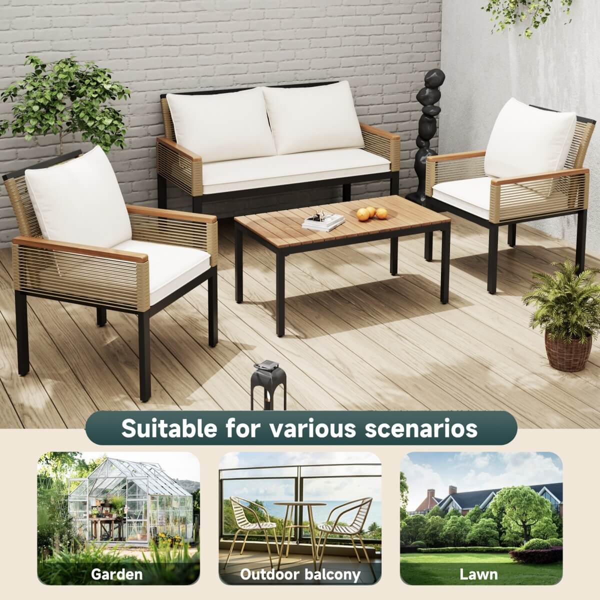 4 Seater Rattan Garden Furniture Set - Outdoor Sofa Set with Cushions, Table and Chairs, Beige