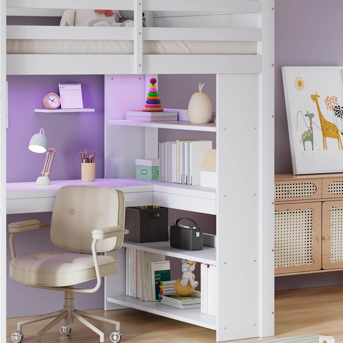 3ft Single Wooden Loft Bed - Bunk Bed with LED Lights, Charging Ports, Storage Shelves, Desk & 5-Step Ladder, White
