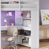 3ft Single Wooden Loft Bed - Bunk Bed with LED Lights, Charging Ports, Storage Shelves, Desk & 5-Step Ladder, White